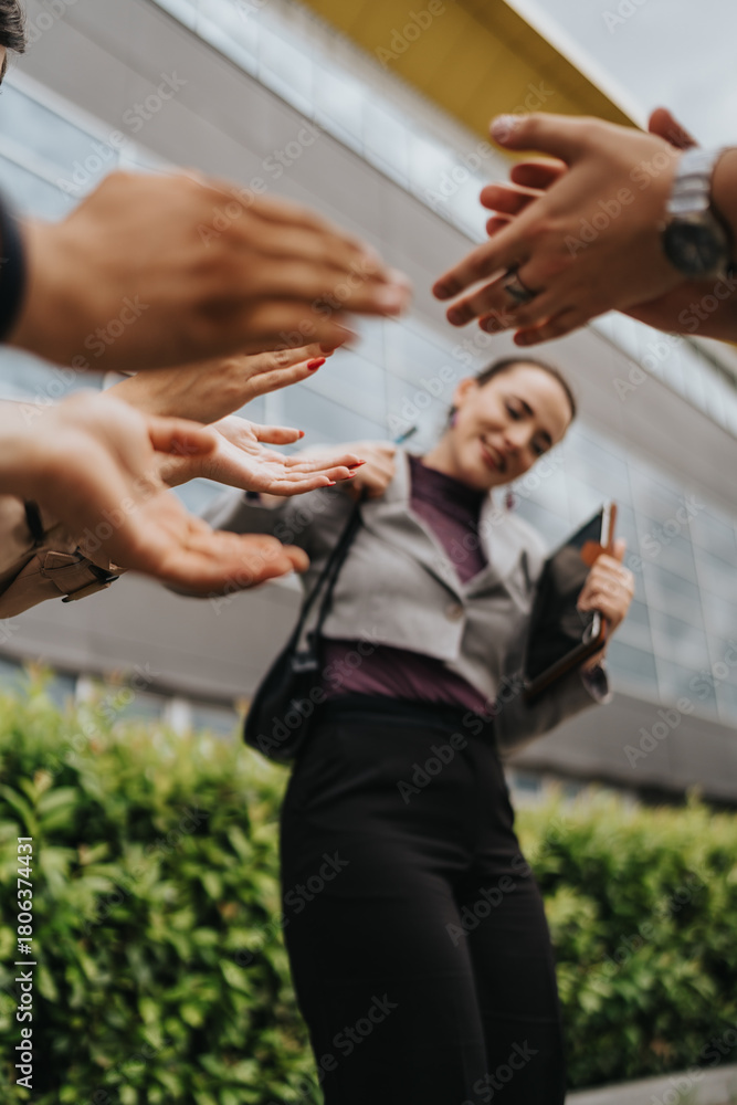 Obraz premium A group of business professionals engaging in team bonding through high-fives in an outdoor setting.