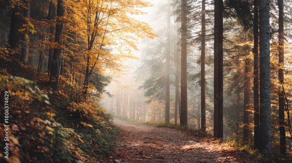 Obraz premium Forest path in autumn forest with golden leaves and sun rays through the trees. Beautiful nature landscape for relaxation and seasonal background.