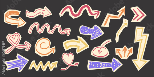 Scrapbook set with paper arrow cutout torn doodle scribble collage elements. Y2k swirl, up and down, right and left arrow collection.
