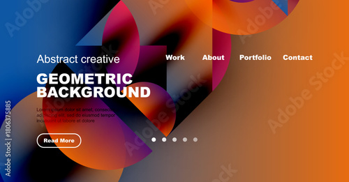 Abstract website design features vibrant geometric shapes, text overlays, navigation menu. Modern aesthetic, colorful gradients present.