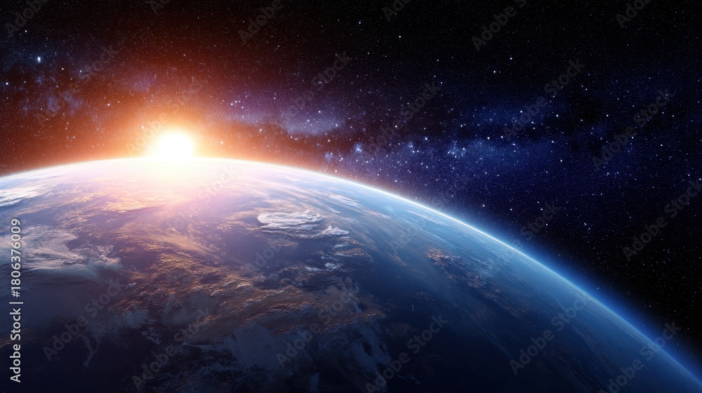 Fototapeta premium Planet earth in space with sun rising. World in outer space with bright stars for global technology and communication concept.
