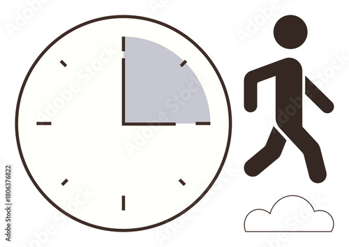 Clock showing partial time progress and walking figure suggesting movement or action. Ideal for time management, productivity, efficiency, goal-setting, task deadline, work-life balance, simple flat