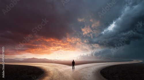Man standing at a crossroads. Concept of choices, decision making, crossroad of future, and new beginning. Two different paths, good versus bad choice.