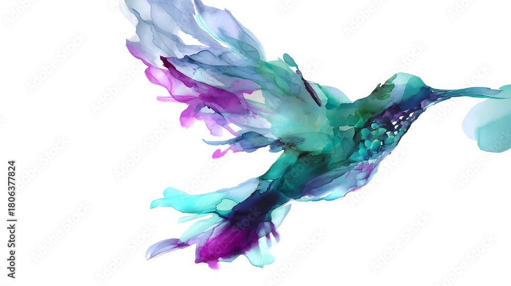 Fototapeta premium Vibrant hummingbird watercolor illustration captures dynamic flight energy on a clean white background