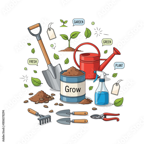 A colorful illustration showcasing gardening tools, soil, and a growing plant, ready for planting.