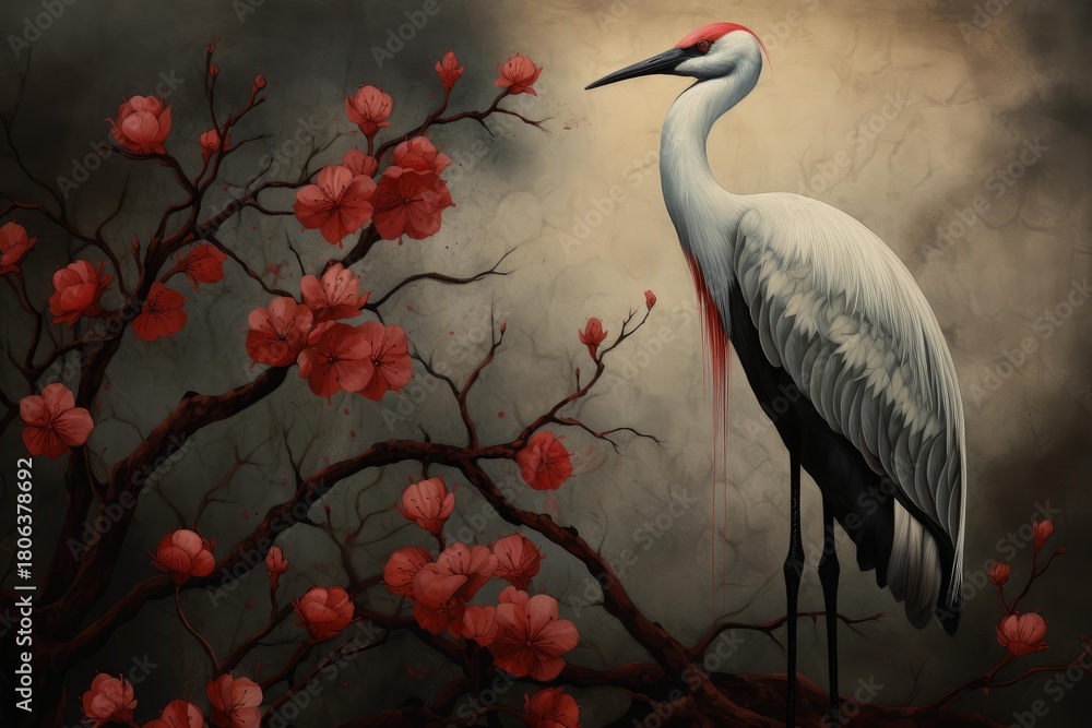 Naklejka premium Crane and flowering branches creating a serene scene in traditional japanese style artwork