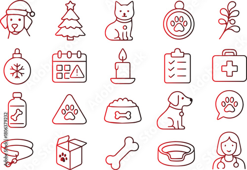 Collection of pet related icons, including dog, cat, christmas tree isolated on white background