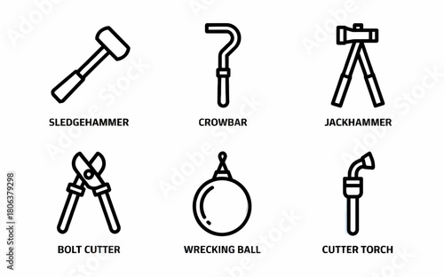 Black and White Vector Icons of Demolition Tools and Equipment Set for Construction and Building Projects