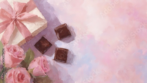 淡いピンクの背景に広がるバラとチョコレート 水彩イラスト素材