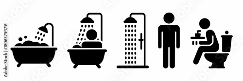 Bathroom Routine Icons Representing Hygiene and Personal Care Showing Bathtub Shower and Toilet Use Isolated on White