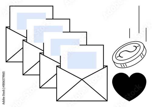 Envelopes with letters signify mail communication, accompanied by a falling coin and heart representing donation, support, or charity. Ideal for communication, donation, charity, philanthropy