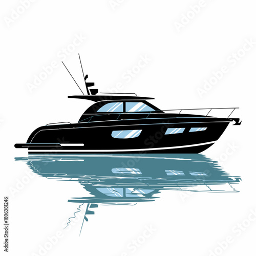 Illustration of a sleek black luxury yacht with reflections on calm blue water surface isolated on white background