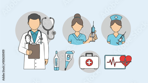 Healthcare Team and Medical Equipment Illustration for Health and Wellness