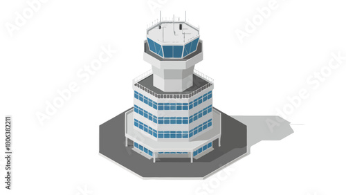 Isolated airport control tower graphic with white background representing air travel and aviation safety features for planes and pilots