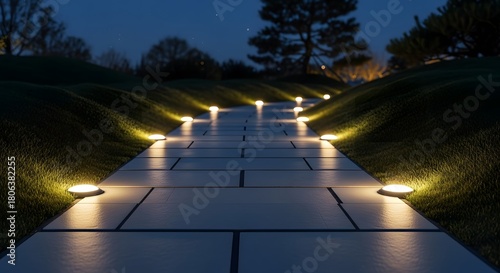 Pathway Illuminated by Ground Lights at Night, Creating Inviting Walkway with Warm Glow Through Green Landscape in Serene Outdoor Scene