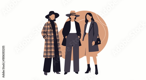 Elegant women showcasing autumn fashion trends with stylish coats and hats, embodying confidence and chic sophistication for upscale editorial projects