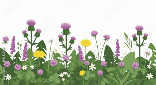 Delightful wildflower meadow with dandelions, thistles, clover, and daisies creates a whimsical, natural, and cheerful springtime mood