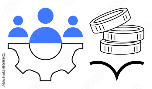 Abstract gear with three people symbolizing collaboration next to stacked coins for financial growth. Ideal for teamwork, business strategy, wealth, innovation, organization, productivity, simple