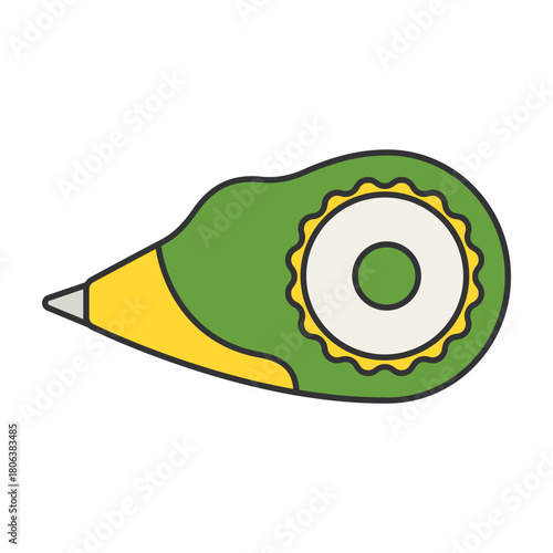 Cute green correction tape dispenser with yellow accents on black background