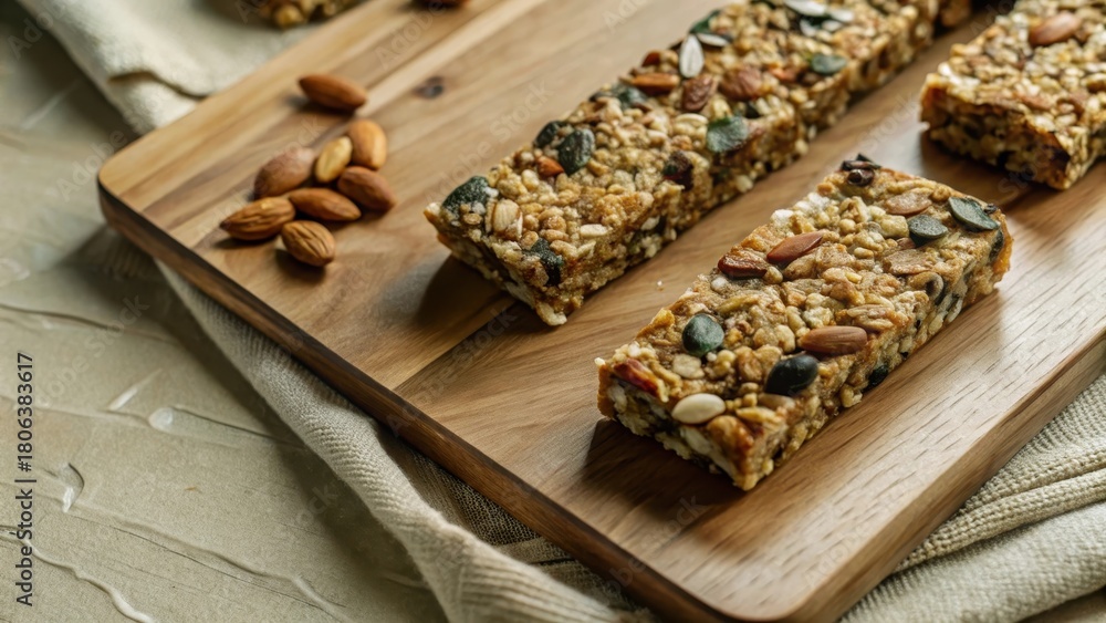 Fototapeta premium Homemade Granola Bars with Nuts Displayed on a Wooden Cutting Board