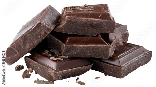 Isolated Chocolate bar pieces on transparent background. Bitter dark Chocolate macro. Package design element