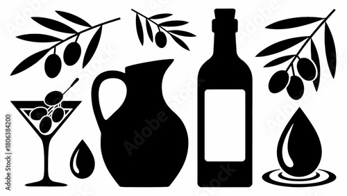 Olive Oil Collection Vector Illustration Black Silhouette Perfect for Branding and Packaging Designs and Marketing Materials