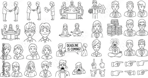 Business emotions and gestures line art vector with stress, teamwork, meditation, deadlines, office scenes, and workplace communication icons