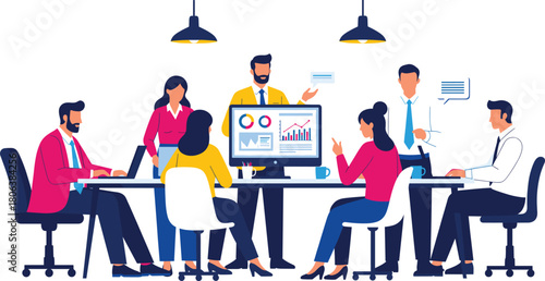 Business meeting illustration—seven professionals analyzing charts and graphs in modern office for teamwork and data-driven visuals