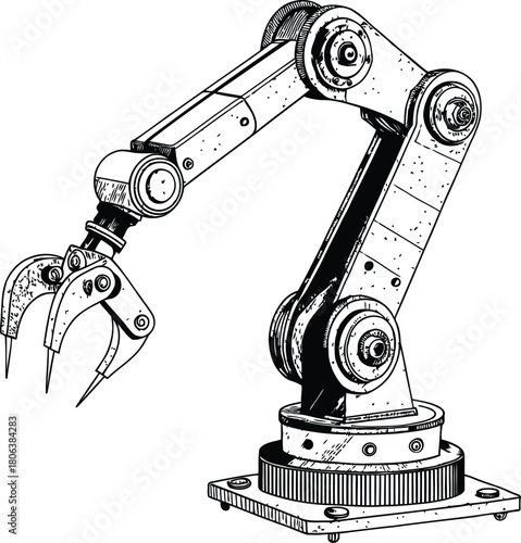 Illustration of a robotic arm with gears and joints in a black and white line drawing style design