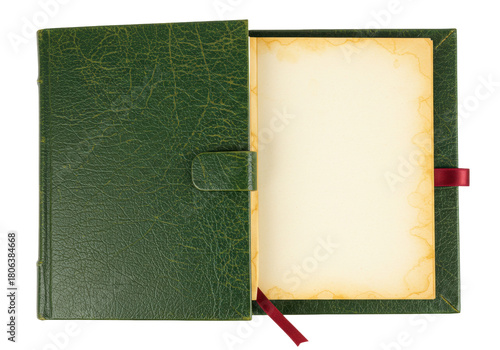 Foto Isolated green leather bound journal with blank vintage pages for text or image,
