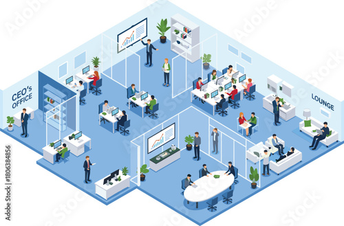 Isometric modern office layout vector with CEO room, meeting space, workstations, lounge area, collaboration zones, and presentation screens