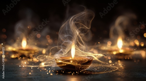 Golden Diya Lamps Glowing with Smoke Trails and Bokeh on Dark Background