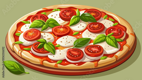 Very beautiful close-up view of a delicious vegetarian pizza topped with melted mozzarella, vibrant cherry tomatoes, and fresh oregano leaves, presented in a clean food-friendly studio style.