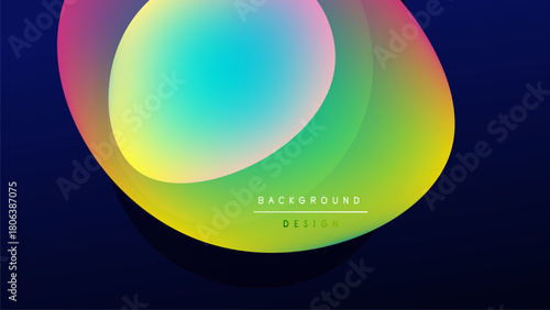 Abstract colorful shapes overlap black background. Vibrant gradients create modern visual effect. Smooth transitions define design elements.