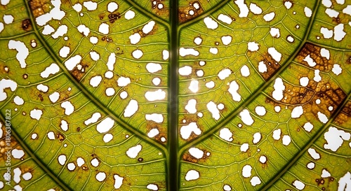 Close-up of a vibrant leaf with intricate patterns and textures.