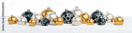 Isolated Christmas baubles alined on snow. Golden, black and silver colors. 3D rendering