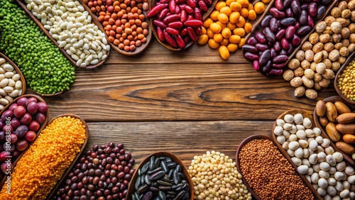Assorted beans and legumes arranged in a colorful pattern on a wooden background