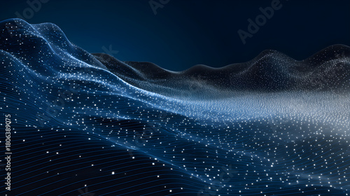 Fototapeta Naklejka Na Ścianę i Meble -  Wavy Blue Digital Terrain with White Dots and a Dark Gradient Sky