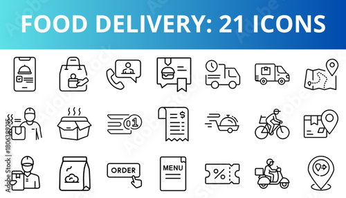 Food delivery icons representing order, service, and logistics concept  