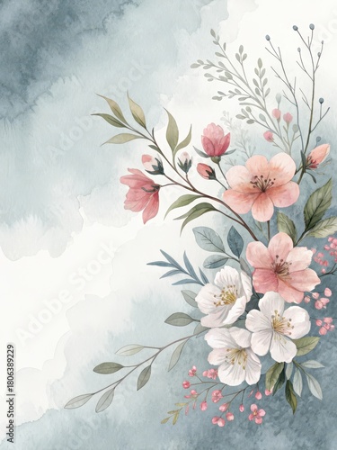 Delicate floral arrangement with subtle color variation on soft gray watercolor background