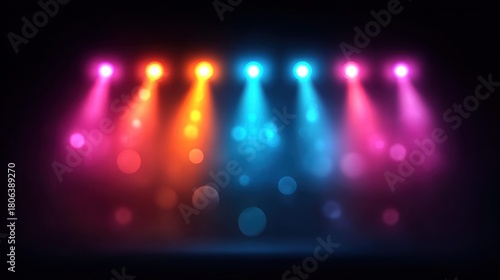 Colorful stage lights illuminate a dark background with bokeh effects.