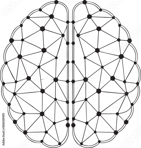 Stylized brain illustration with geometric patterns and connected dots in black and white design