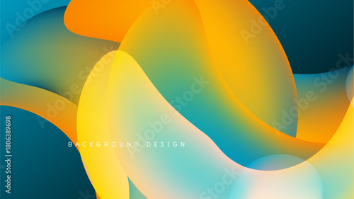 Abstract fluid shapes overlap, vibrant colors blend. Orange, yellow, teal dominate dark background. Modern design element.