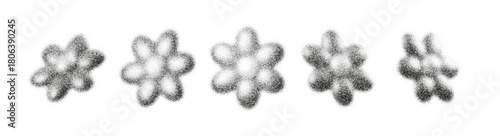 Dot flower silhouettes with grain and stipple noise appear as floating 3D blooms. Gentle gradient shading, halftone texture and abstract lines create a soft botanical graphic atmosphere