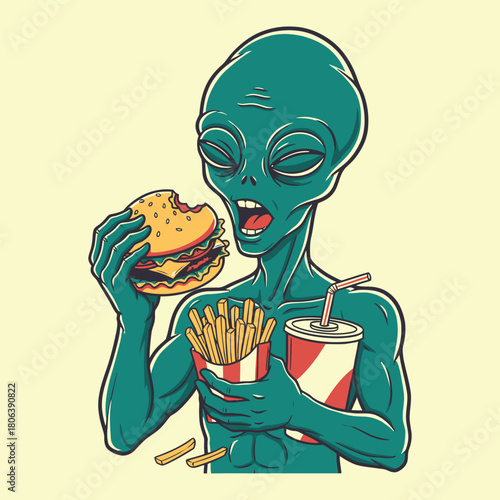 Hungry Green Alien Eating Cheeseburger and Fries Vector Illustration