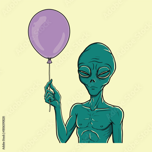Green Alien Character Holding a Purple Balloon Vector Illustration