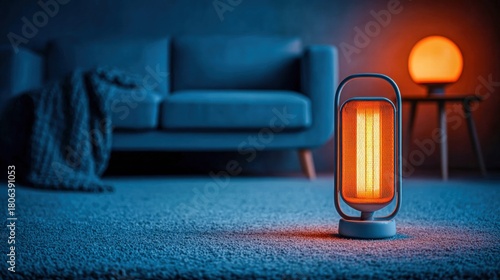 Cozy living room scene with a glowing space heater