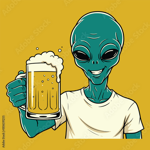Funny Green Alien Drinking Beer Mug Vector Illustration
