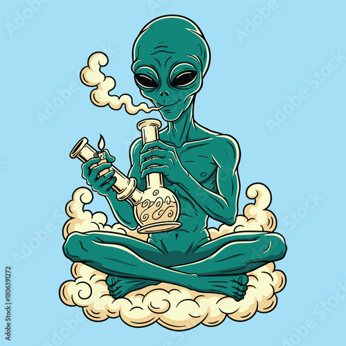 Green Alien Smoking from Bong Sitting on Smoke Cloud Vector