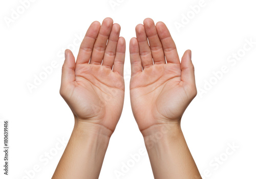 Isolated hands gesturing, praying, cupped or requesting, palm up for offering or assistance